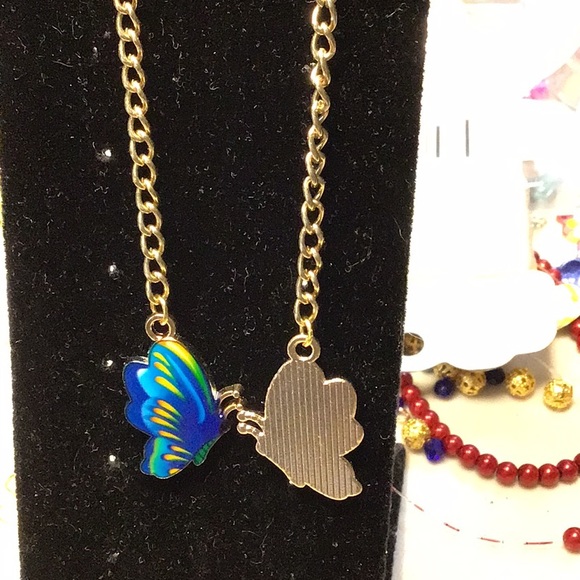 BUTTERFLIES … blue and gold metal earrings Handcrafted/home made ... BE-1 - Picture 7 of 9